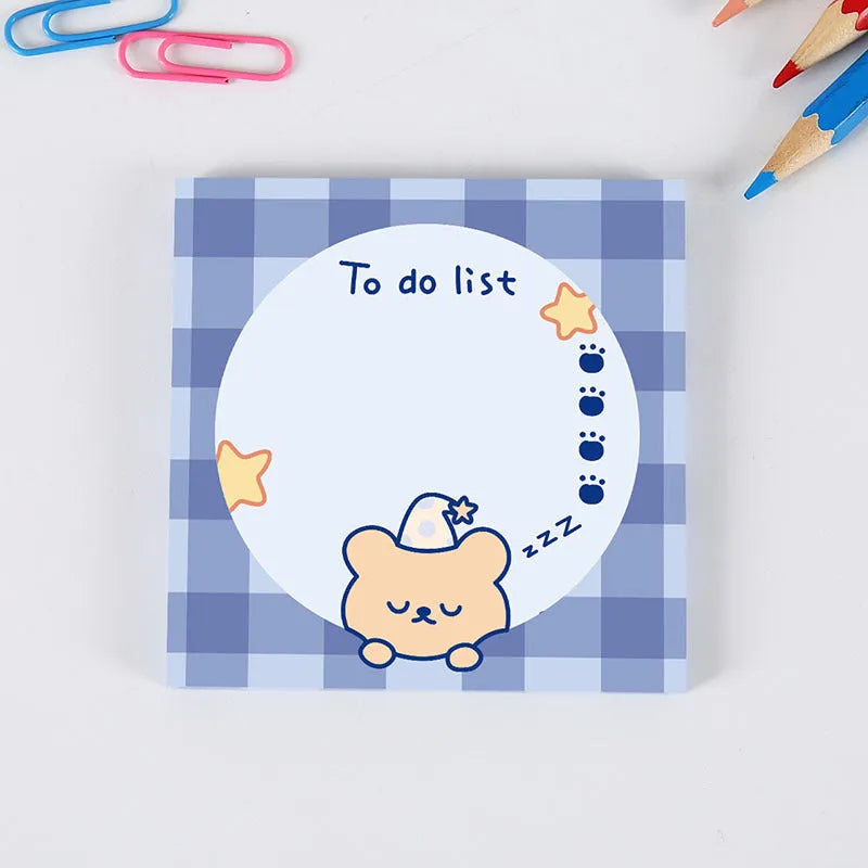 Cute cartoon bear sticky notes 8x8cm with 50 sheets, showing a Happy Bear design on a yellow background