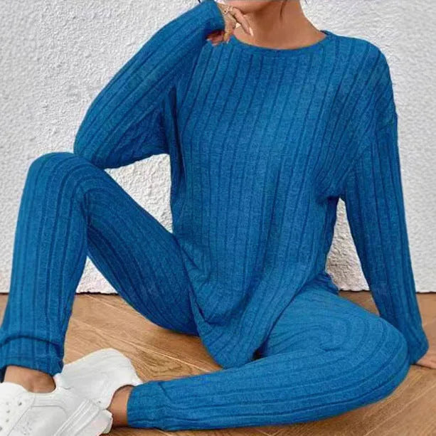 Sunken stripe design two-piece homewear set in polyester fabric available in black and blue colours