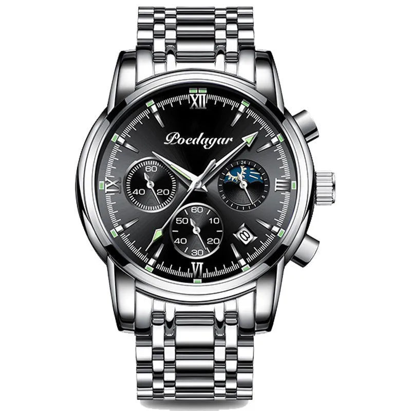 Men's waterproof luminous multifunctional watch with steel strap and black dial showing calendar