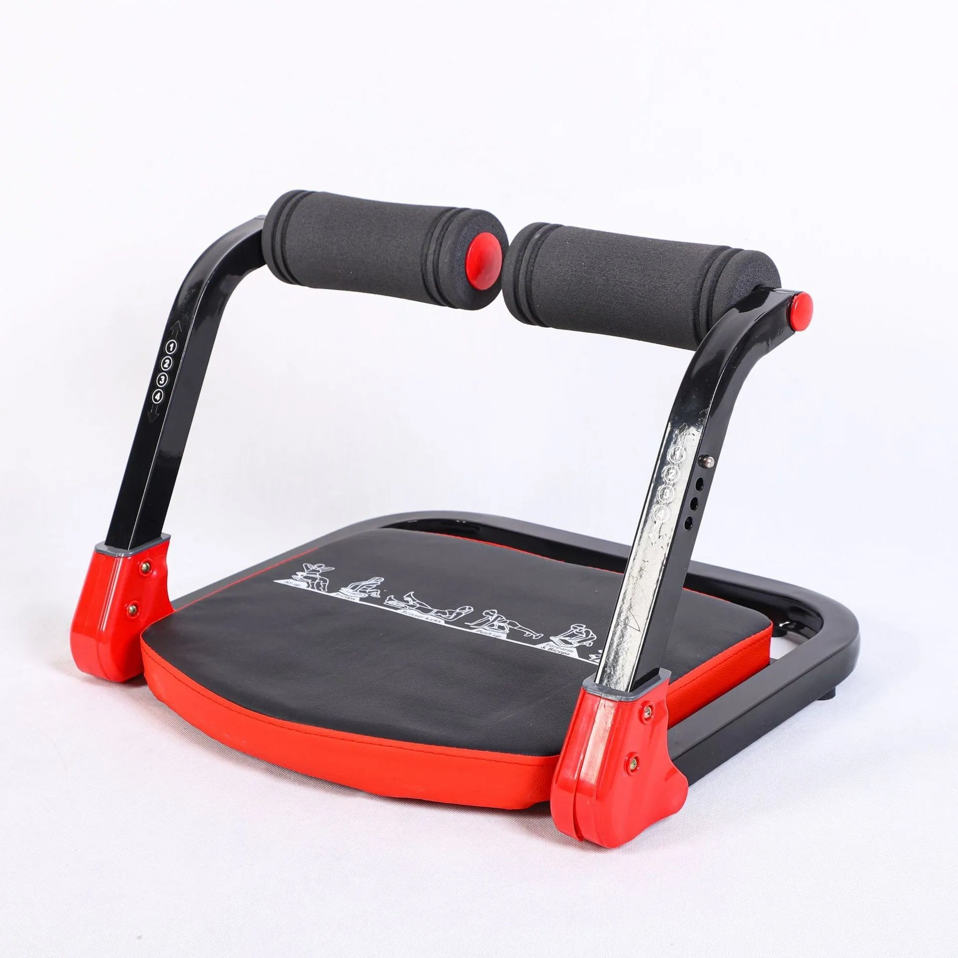 Mini multifunctional abdominal wheel fitness equipment shown in red and sky blue colour options.
