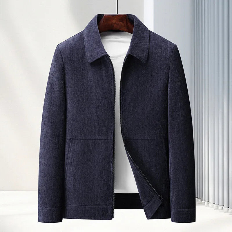 Men's slim fit lapel casual coat in dark blue, shown on a model.