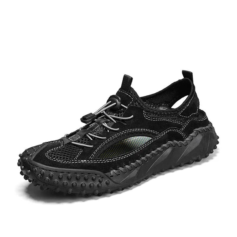 Men's black outdoor sports sandal with leather mesh upper, rubber sole, and elastic band closure.