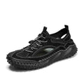 Men's black outdoor sports sandal with leather mesh upper, rubber sole, and elastic band closure.