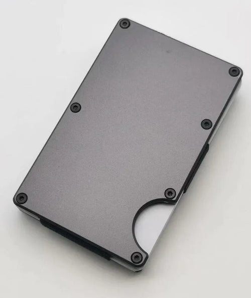 Aluminium grey carbon fibre wallet showing 7 card slots and RFID blocking protection