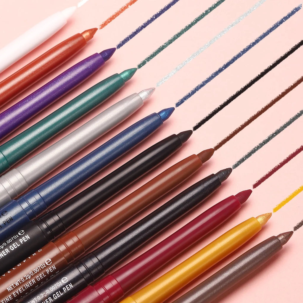 Set of 12 colourful gel glitter eyeliner pencils in vibrant shades for waterproof, long-lasting makeup.