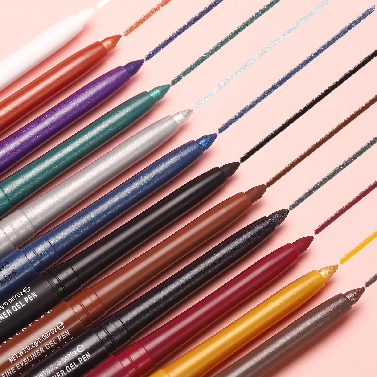 Set of 12 colourful gel glitter eyeliner pencils in vibrant shades for waterproof, long-lasting makeup.
