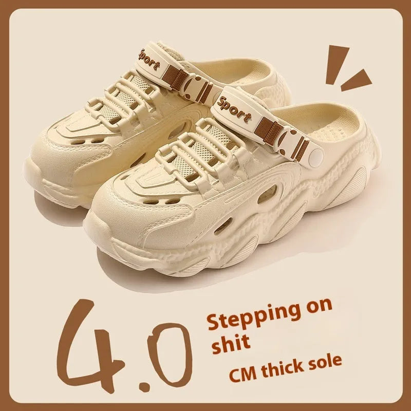 Men's khaki outdoor slippers with hollow-out design and light grey EVA non-slip sole.