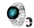 Smart watch with round colour touch screen on a wrist, showing heart rate and call interface.