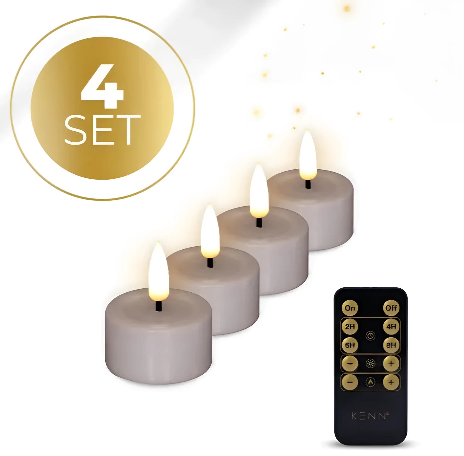 Four taupe-coloured LED tealight candles showing realistic flickering flame effect.