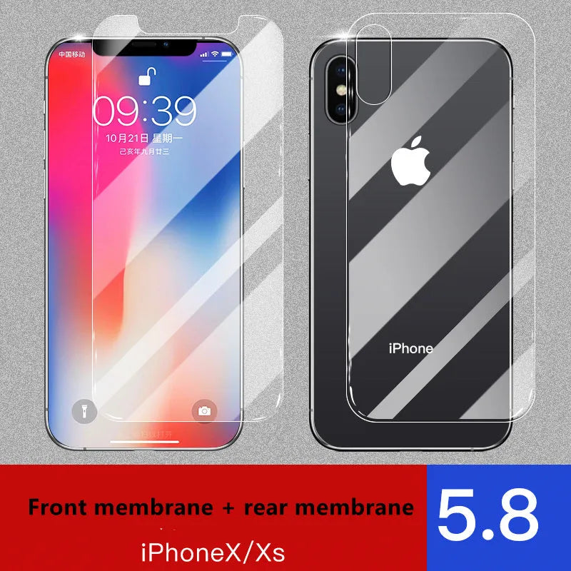 Tempered glass screen and rear protector film for Apple iPhone models on a table.