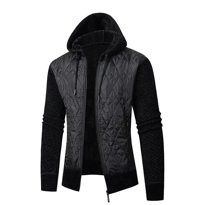 Men's grey hooded corduroy cardigan with cinched style, shown as a winter sweater coat.