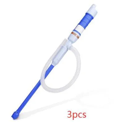 Blue manual hand siphon pump for transferring fuel, oil, and liquids.