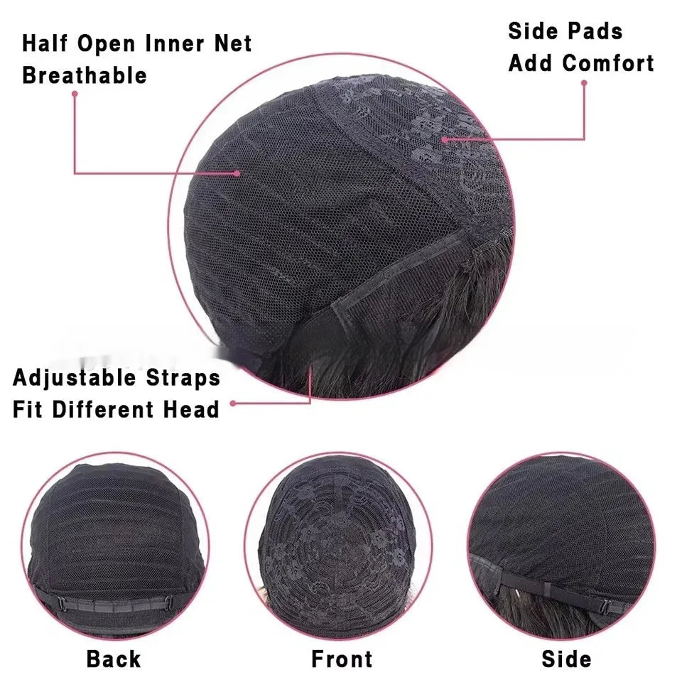 Women's natural colour human hair wig on a full-mechanism headgear, showing long length options.