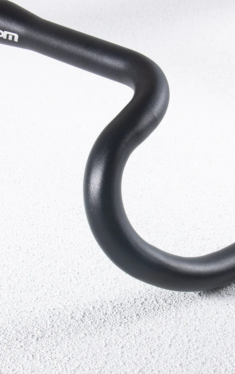 Black aluminium alloy road bike drop handlebar showing 420mm width and 31.8mm clamp area.