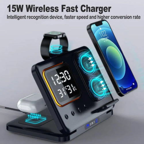 Black wireless charging station with digital display showing time and temperature, charging phone and watch