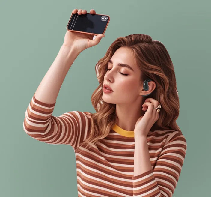 Hanging Bluetooth earphones A51 in black on a charging case, with Type-C port