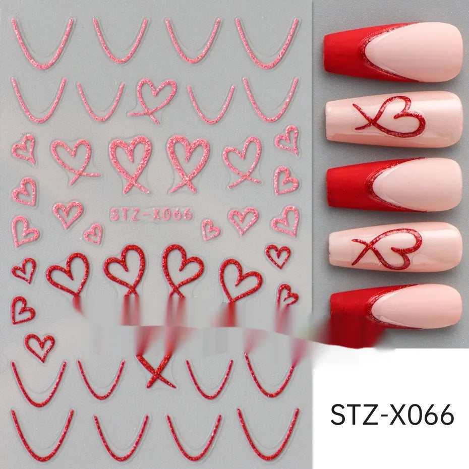 Cartoon-themed nail art sticker sheet with black and silver strip patterns and love motifs
