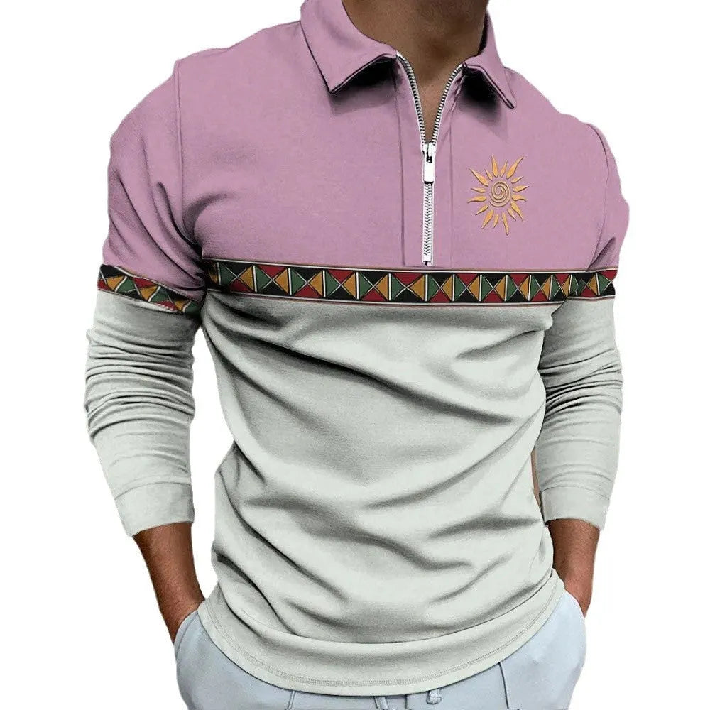 Men's retro printed striped golf t-shirt with long sleeves and loose fit in polyester fabric