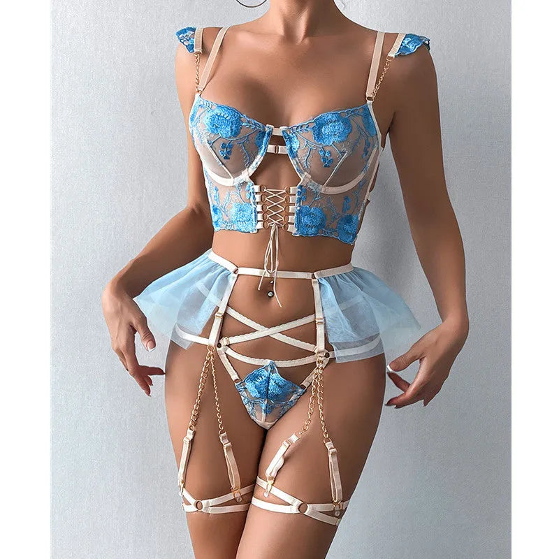 Light blue lace push-up bra and underwear set with transparent embroidery and mesh panels