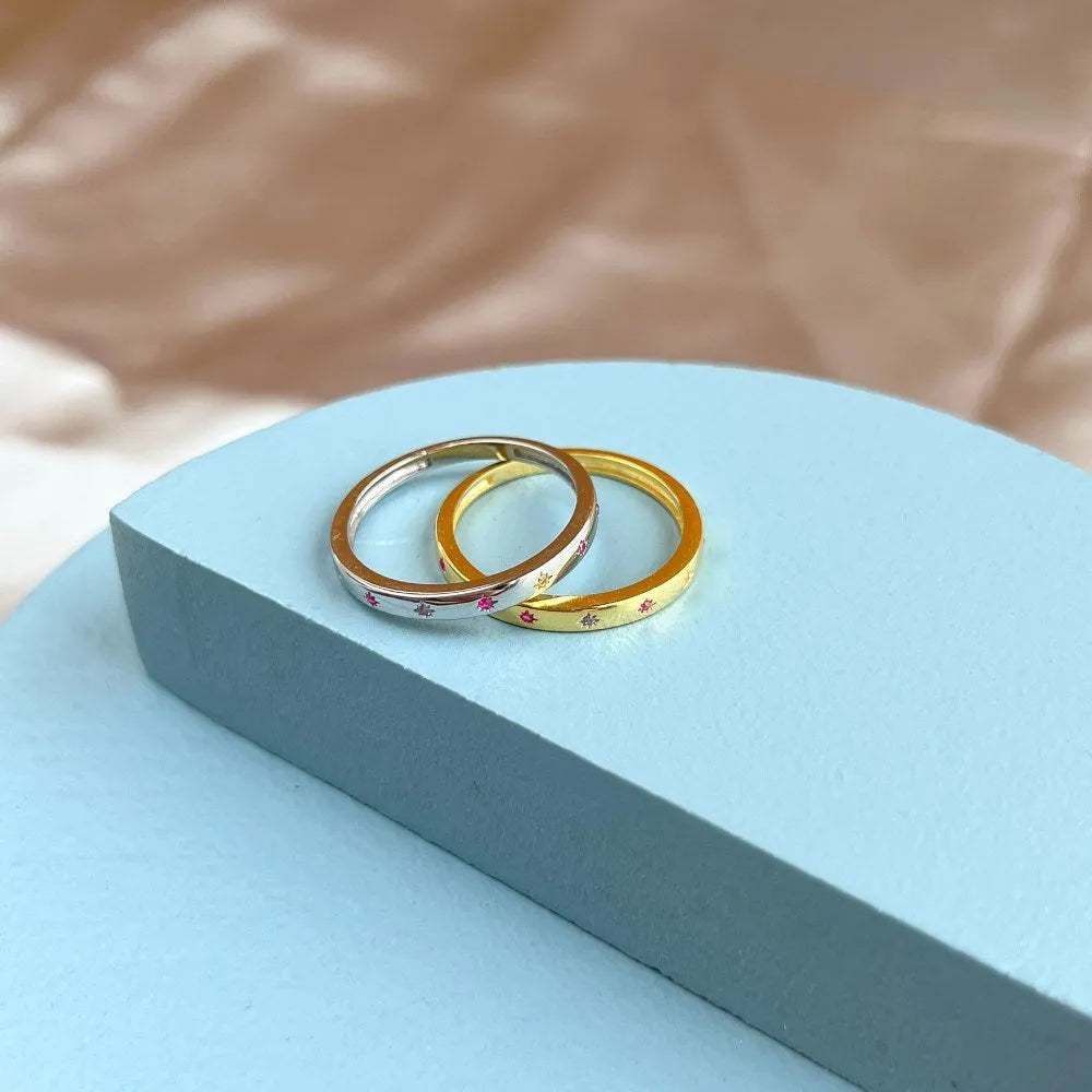 Six-pointed star candy-coloured diamond-embedded electroplated silver ring for women