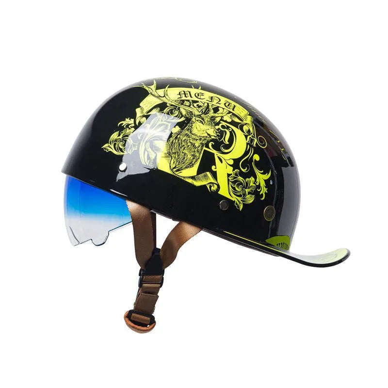 Men's retro half-shell bicycle helmet in bright black gradient blue colour with matching lens.