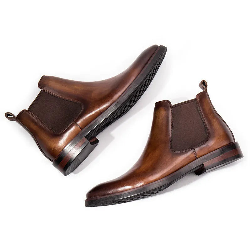 Men's brown cowhide business shoes with rubber sole and 3-5cm mid heel, English style, sizes 37-46