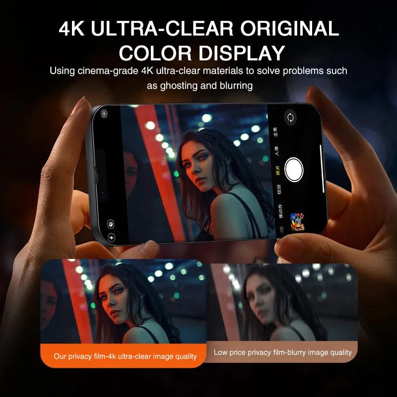 Anti-peeping tempered glass screen protector for iPhone on a table next to a mobile phone.