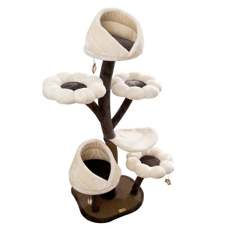 Beige flower-shaped cat climbing frame, 162cm tall, iron and plush, with integrated nest, platform and grasping board