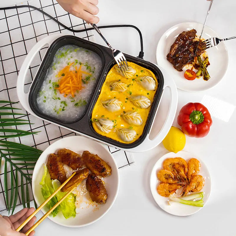 Green and white electric hot pot appliance with frying function on kitchen counter