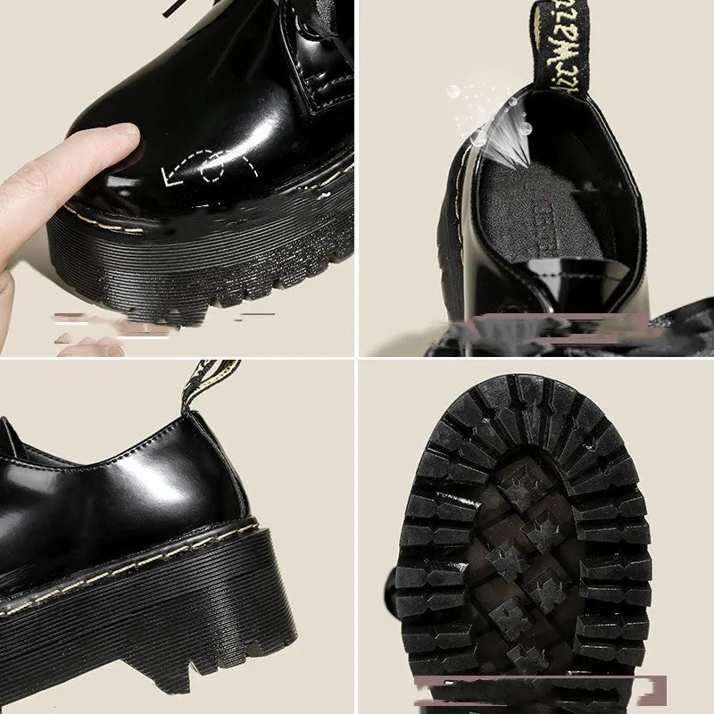 Black and white women's thick-soled leather shoes with ribbon cross straps and laces.