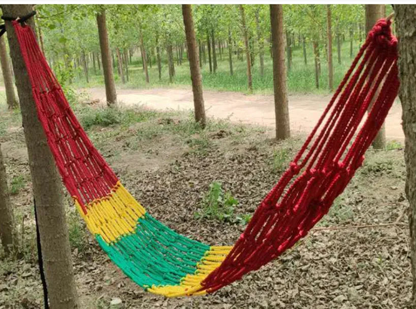 Nylon rope mesh hammock showing 1.1m width and woven construction for outdoor use