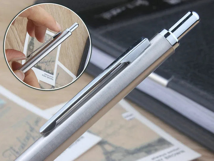 Metal automatic mechanical pencil with multiple lead size options including 0.5mm and 2.0mm diameters