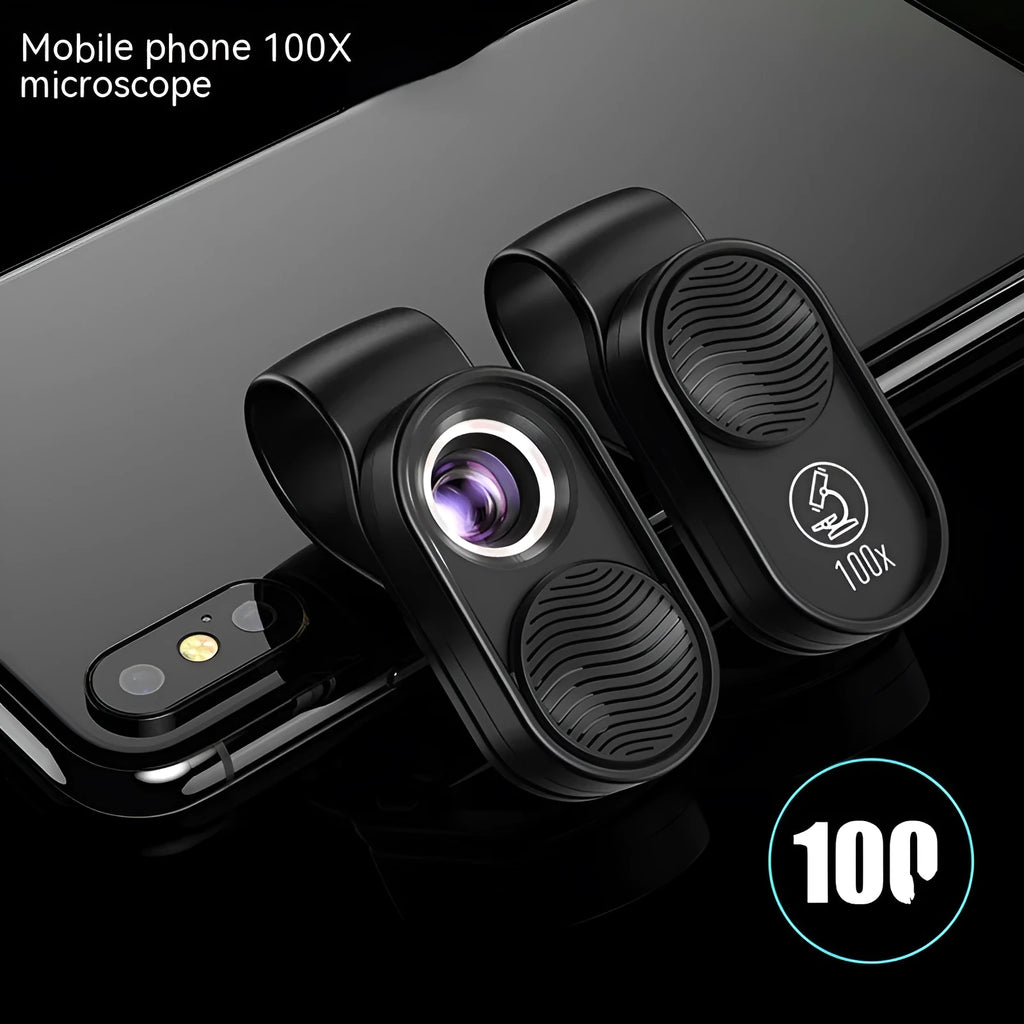 Black mobile magnification microscope with LED light clipped onto smartphone for macro photography