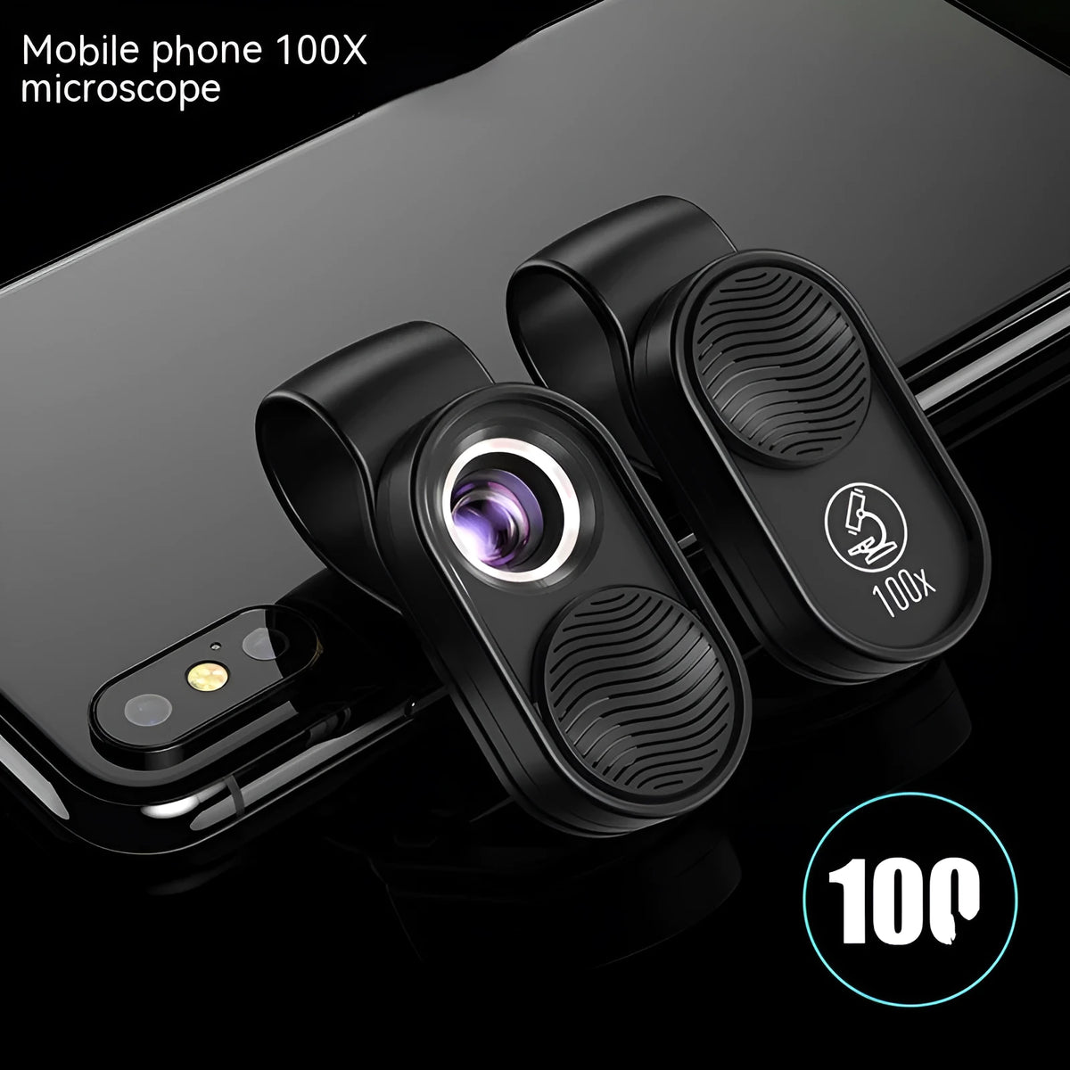 Black mobile magnification microscope with LED light clipped onto smartphone for macro photography