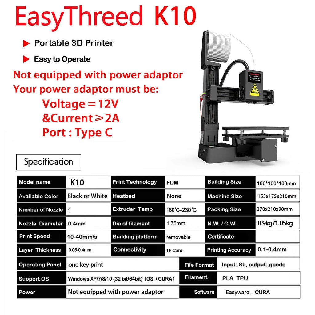 White EasyThreed K10 desktop 3D printer with power adapter for TPU and PLA filament.