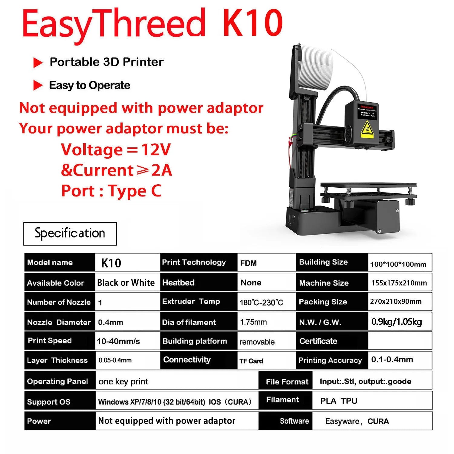 White EasyThreed K10 desktop 3D printer with power adapter for TPU and PLA filament.