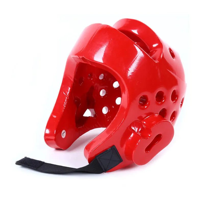 Blue martial arts protective gear set showing leg guards, helmet, and boxing gloves for karate taekwondo