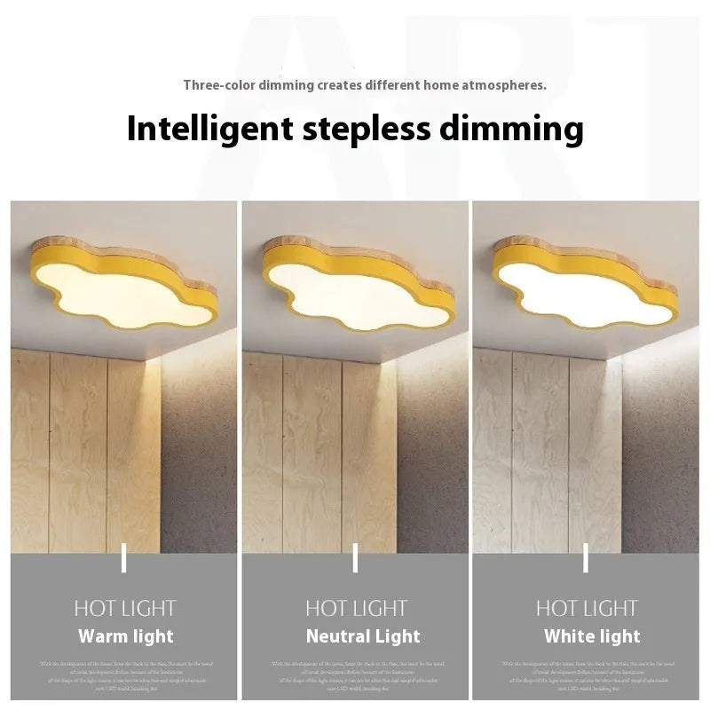 Cloud-shaped LED ceiling lamp with wooden finish in bedroom setting showing dimmable light options