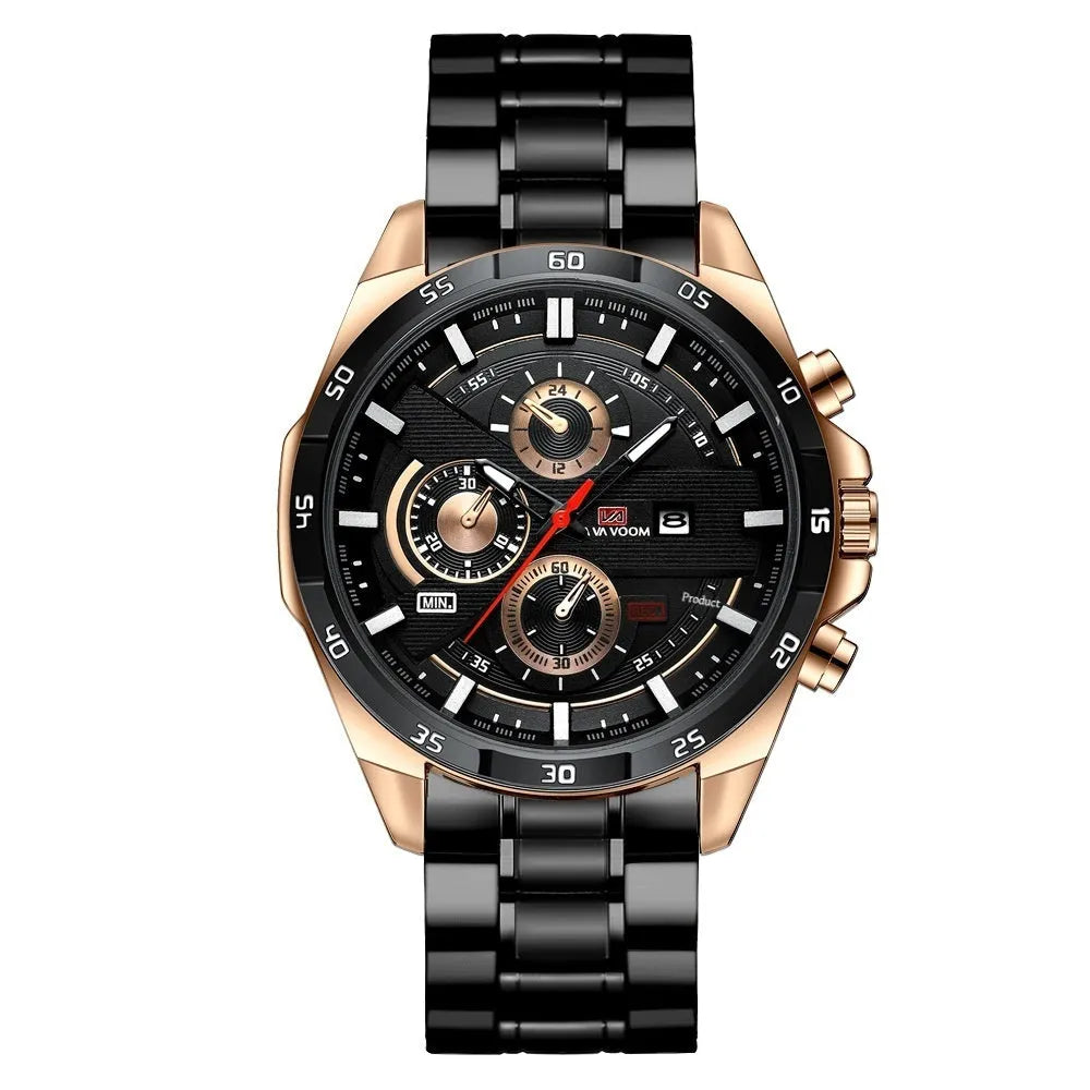 Men's casual wristwatch showing day-date window at 3 o'clock on a black dial with a rose gold case.