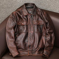 Men's lapel short leather jacket in black or brown with side seam pockets