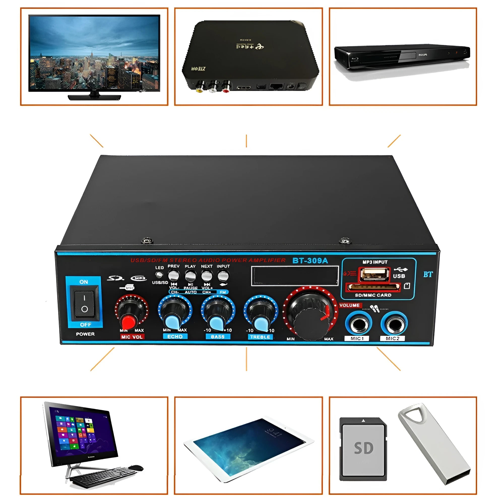 Black BT-309A-A dual-purpose power amplifier with wire clamp connections and remote control