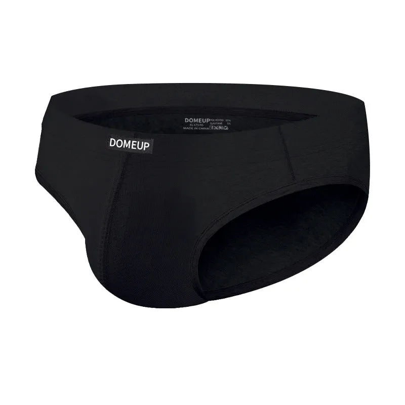 Men's solid colour low waist seamless briefs in white, black, and pink on a size chart.