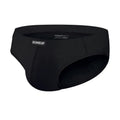 Men's solid colour low waist seamless briefs in white, black, and pink on a size chart.