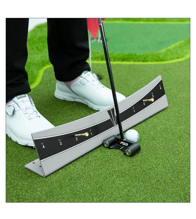 Golf putter trajectory balance simulator with adjustable PVC push rod on a green carpet