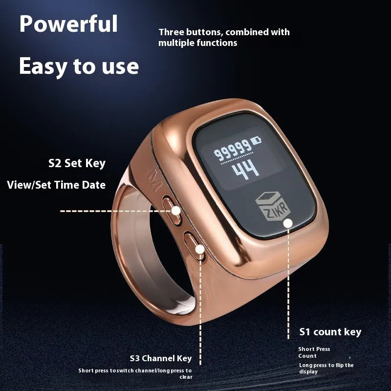 Al-fatiha Zikr electronic counter in black with digital display on a wrist strap.