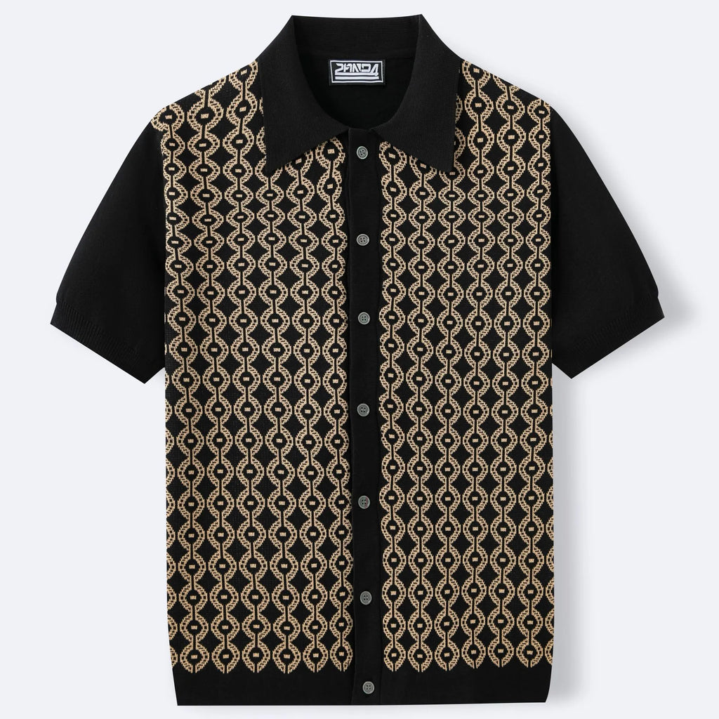 Men's summer Tencel short sleeve jacquard cardigan with lapel collar and geometric flocking pattern in black