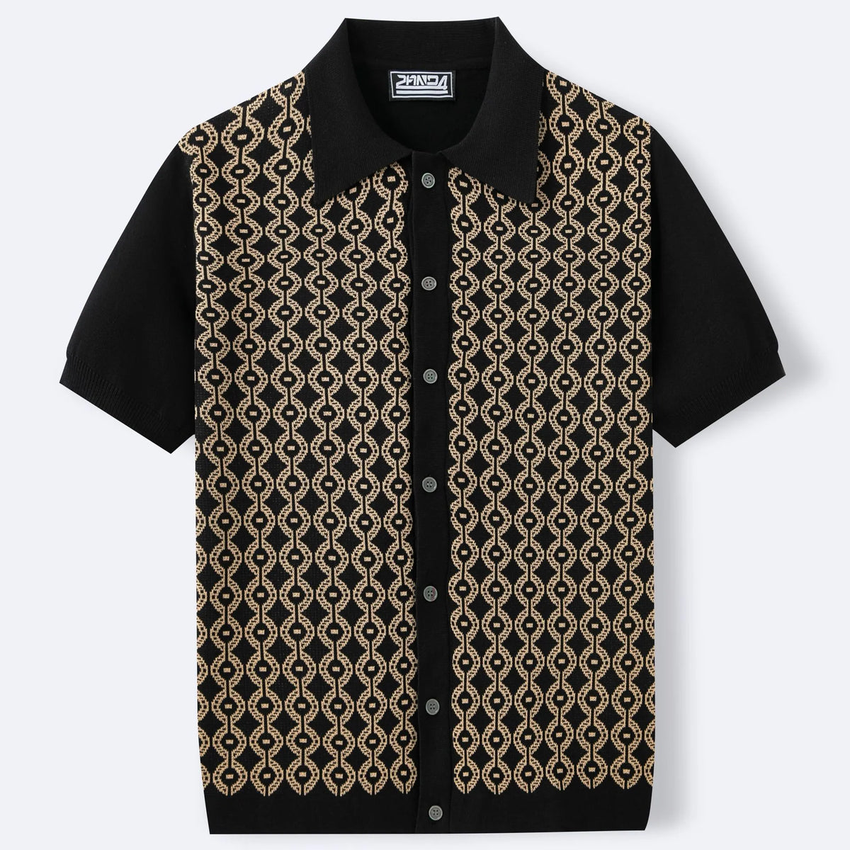 Men's summer Tencel short sleeve jacquard cardigan with lapel collar and geometric flocking pattern in black