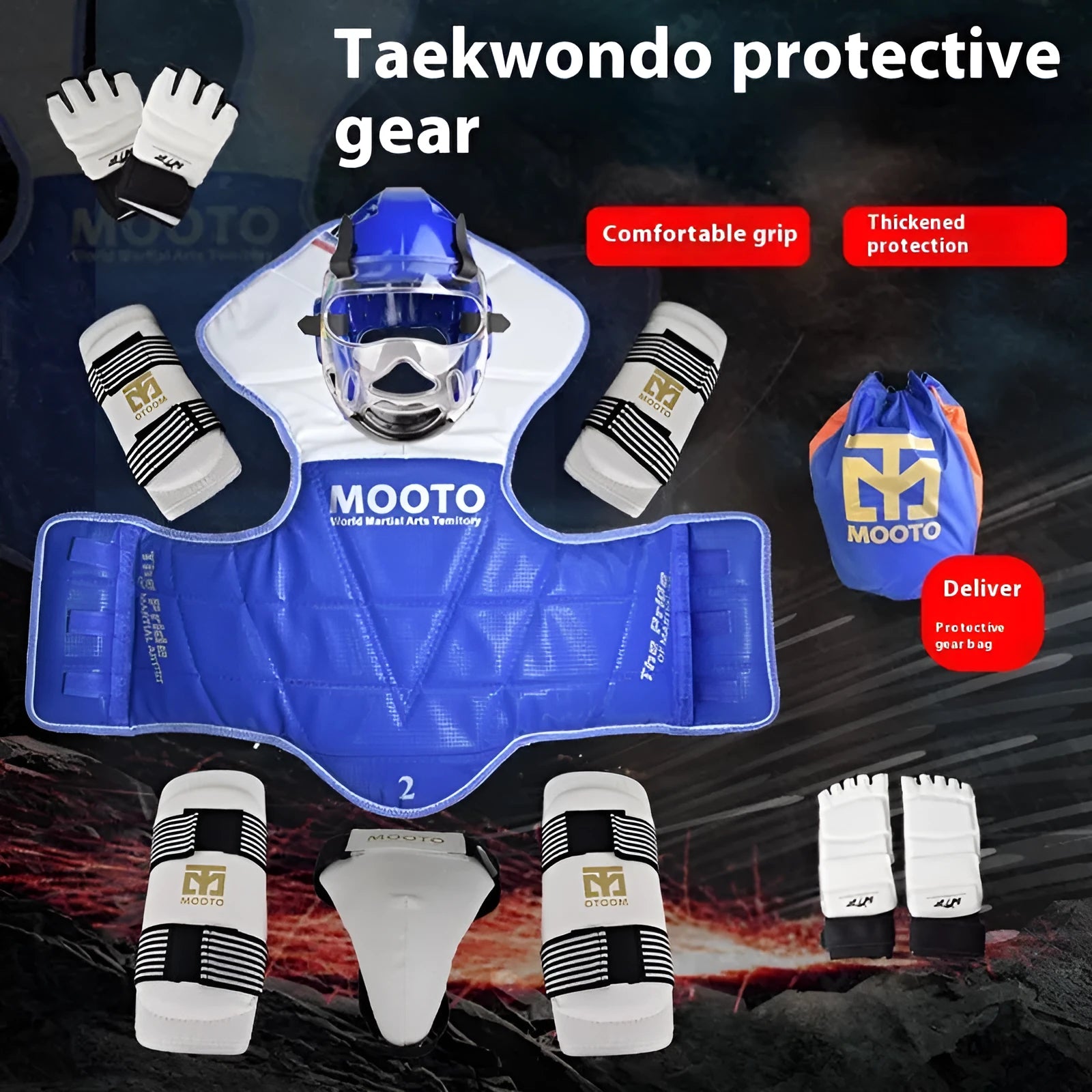 Taekwondo protective gear complete set with thickened padding, red and blue options, sizes 110-190cm