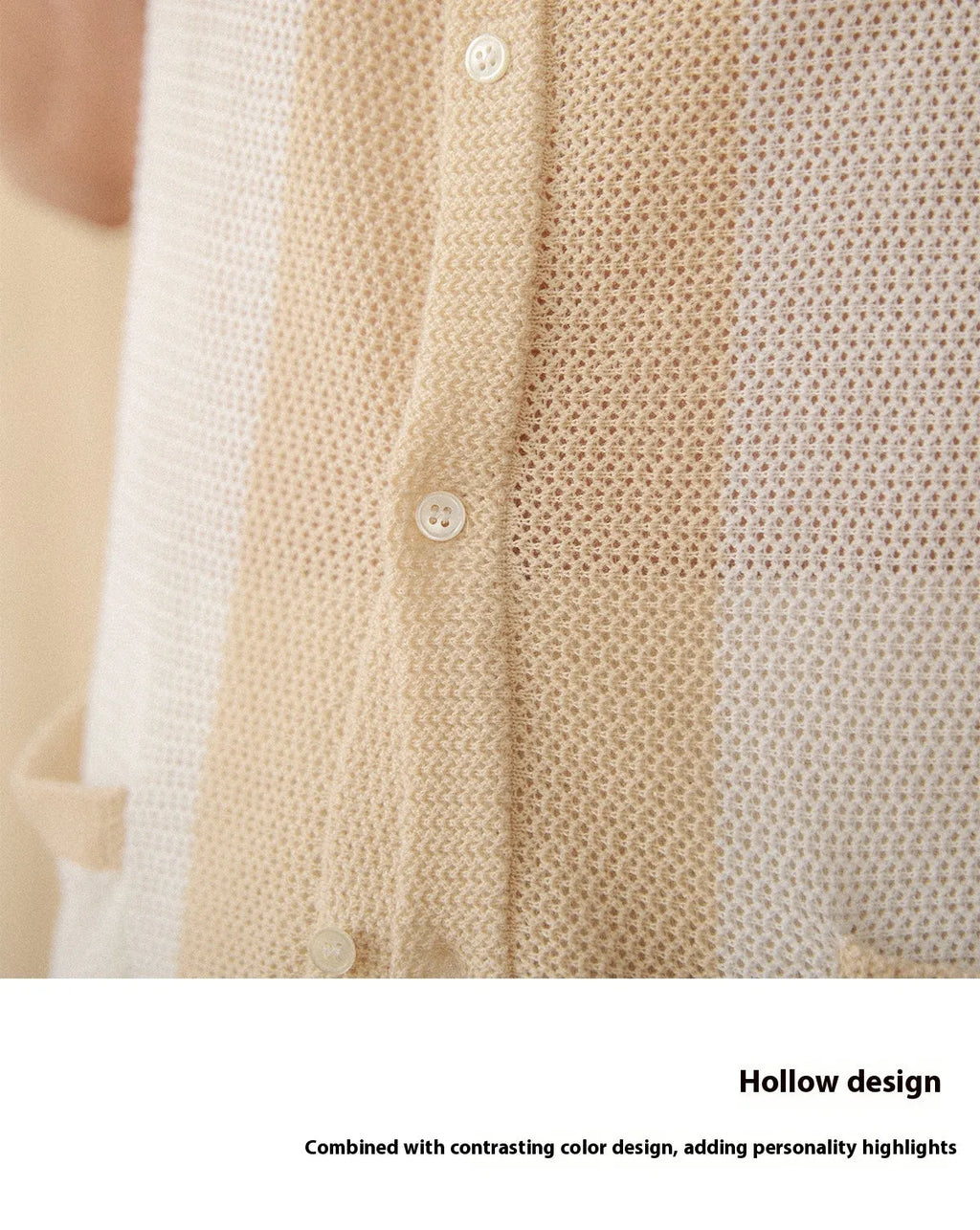 Beige short-sleeved women's cardigan with a lapel collar, made from a thin linen and cotton blend fabric.