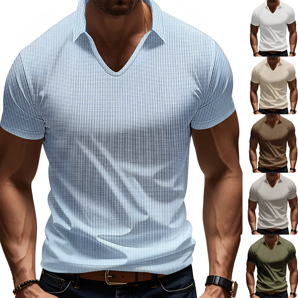 Men's loose fit light grey cotton blend V-neck short sleeve t-shirt laid flat.